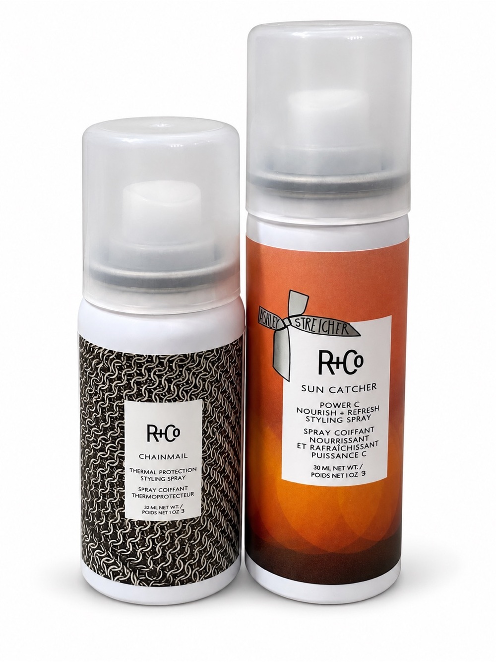 R+Co Chainmail and Sun Catcher travel-size hair styling duo, 1 oz each.